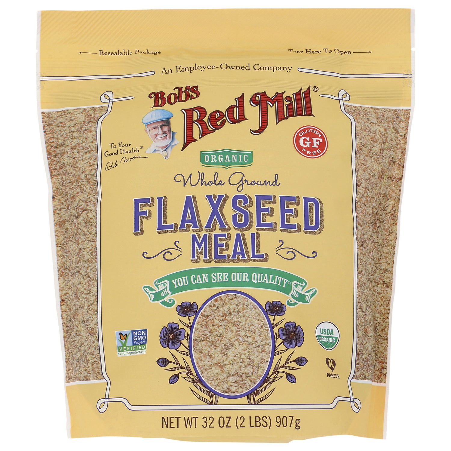 BOB254 | Bob's Red Mill organic whole ground flaxseed meal 32 oz front package with window and certification logos