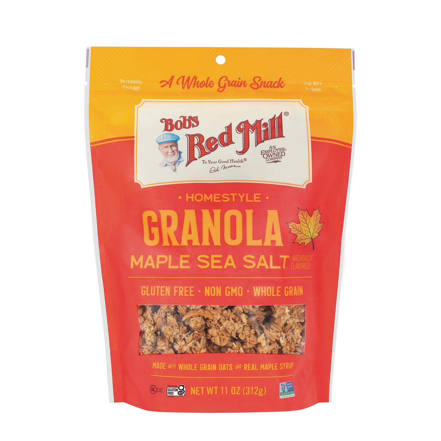 BOB473 | Bob's Red Mill Homestyle Granola Maple Sea Salt front pouch with window showing granola