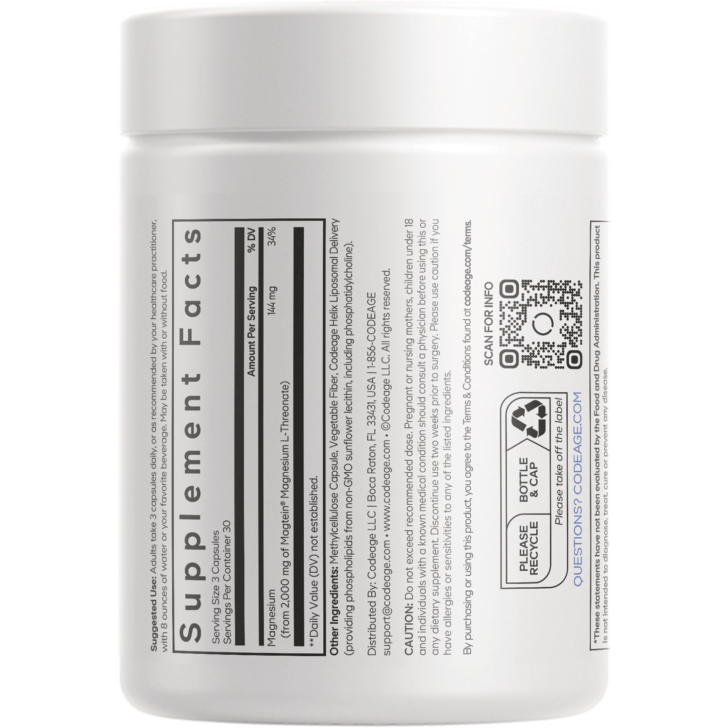 CDG021 | White supplement jar back label showing Supplement Facts panel, ingredient table and QR code