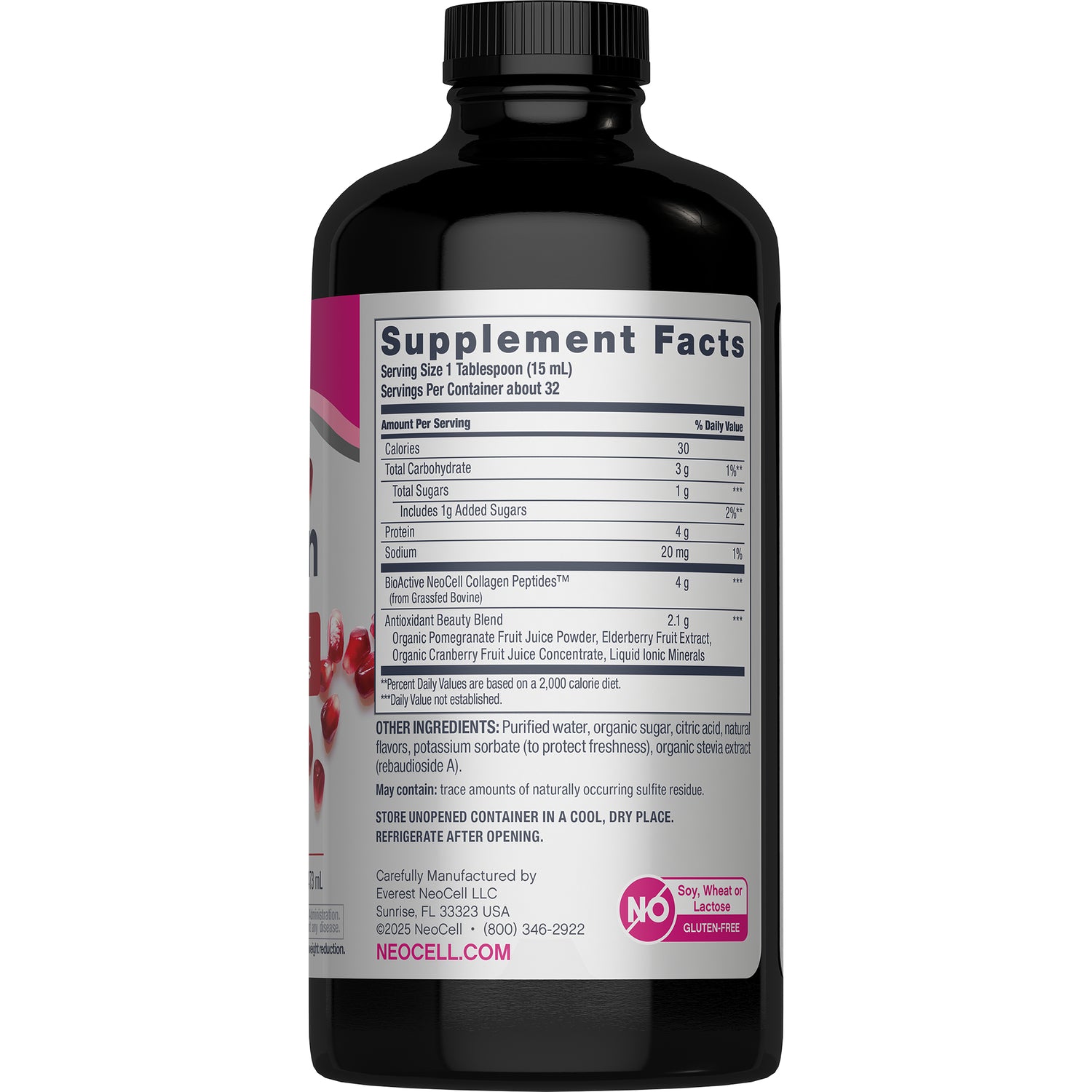 NEC041 | Supplement Facts nutrition label showing serving size 1 tablespoon, calories 25, sodium 20 mg, BioActive Neocell Collagen Peptides 4 g