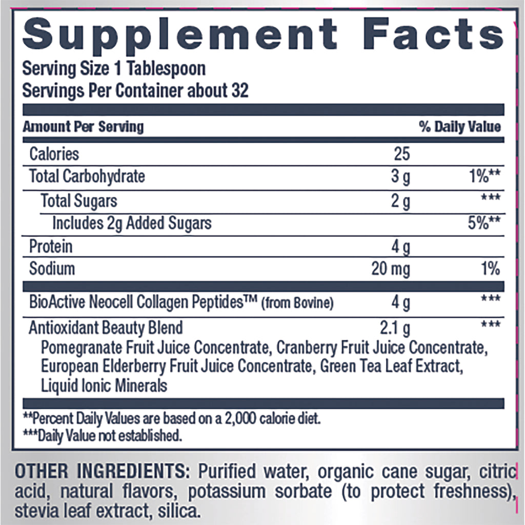 NEC041 | Supplement Facts nutrition label showing serving size 1 tablespoon, calories 25, sodium 20 mg, BioActive Neocell Collagen Peptides 4 g - Thumbnail