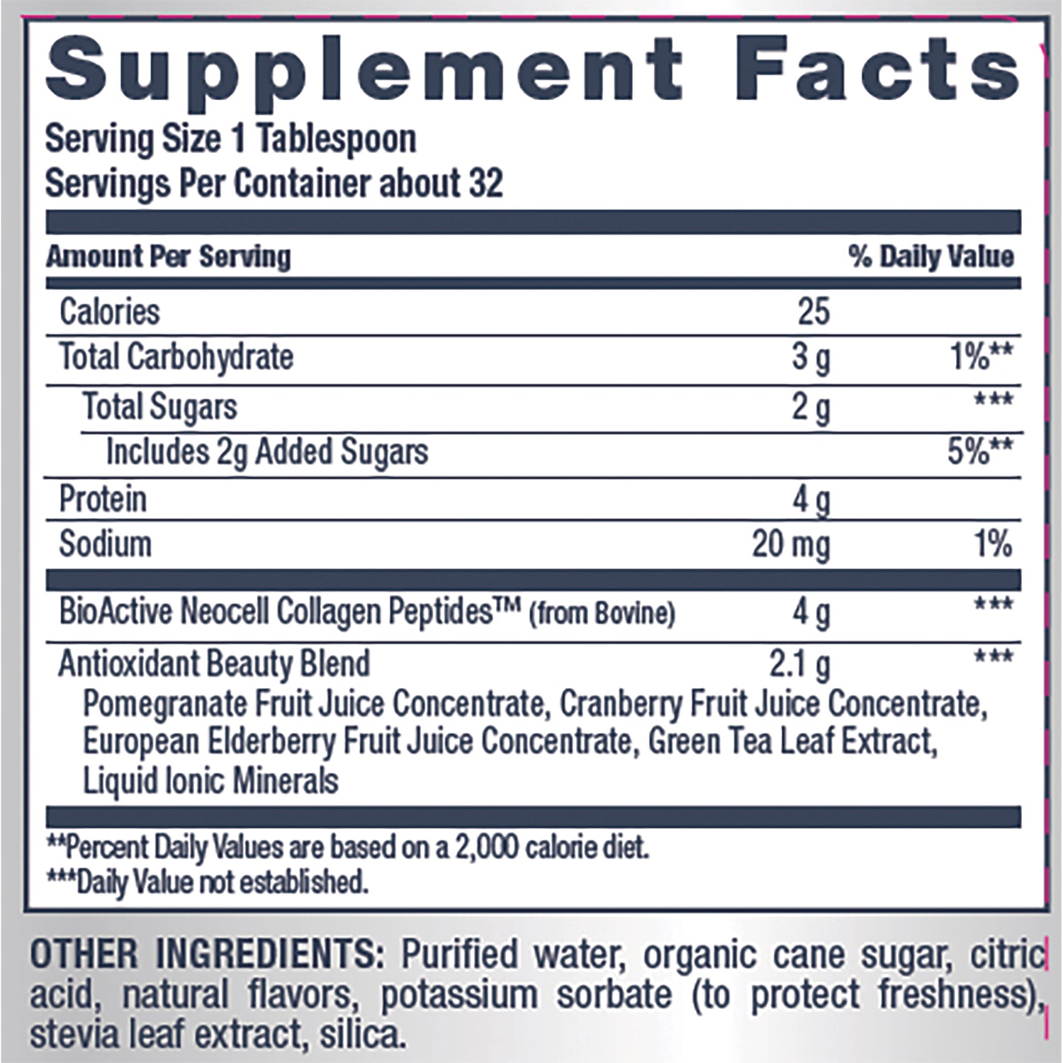 NEC041 | Supplement Facts nutrition label showing serving size 1 tablespoon, calories 25, sodium 20 mg, BioActive Neocell Collagen Peptides 4 g