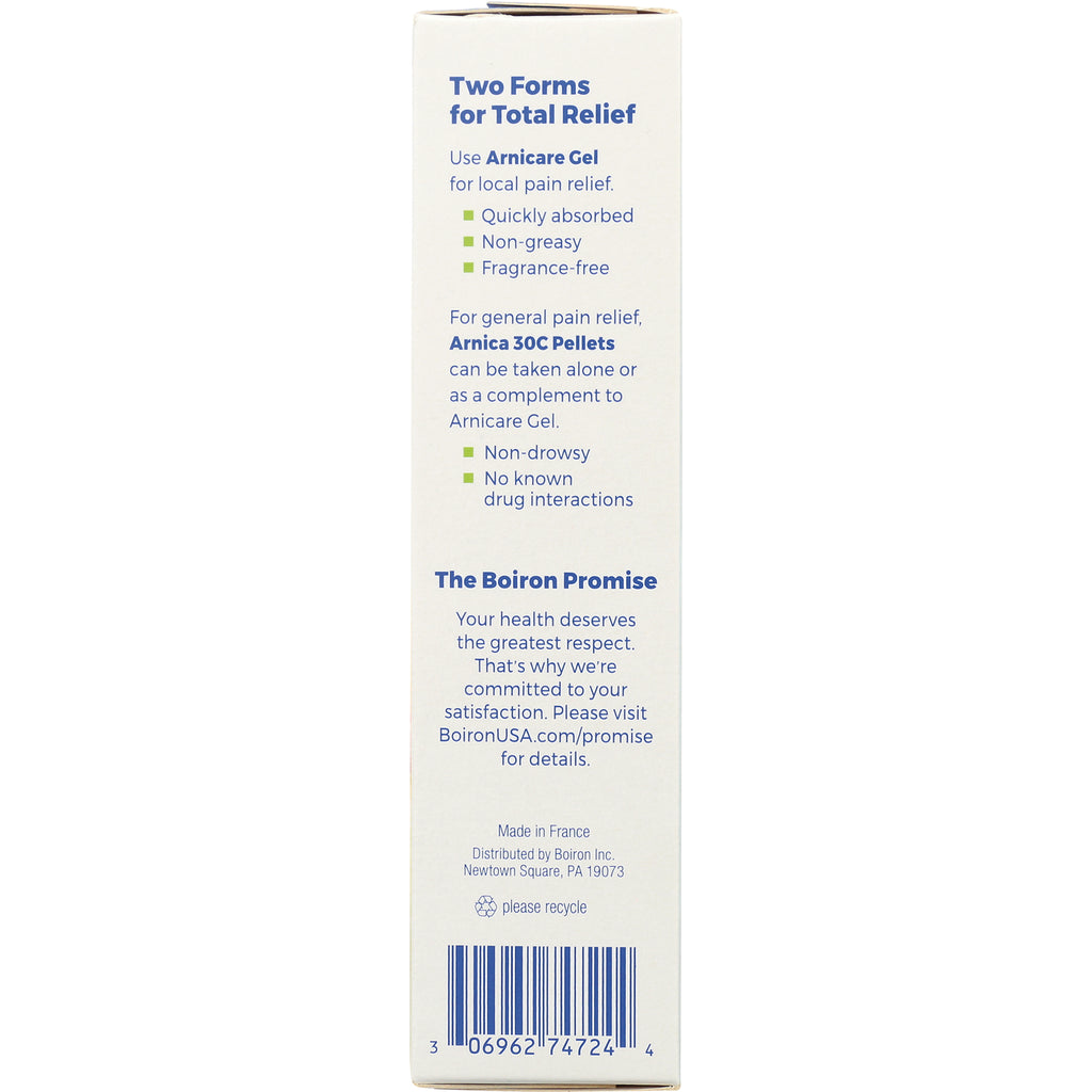 BRN006 | product side panel titled Two Forms for Total Relief listing Arnicare Gel and Arnica 30C Pellets benefits and the Boiron Promise - Thumbnail