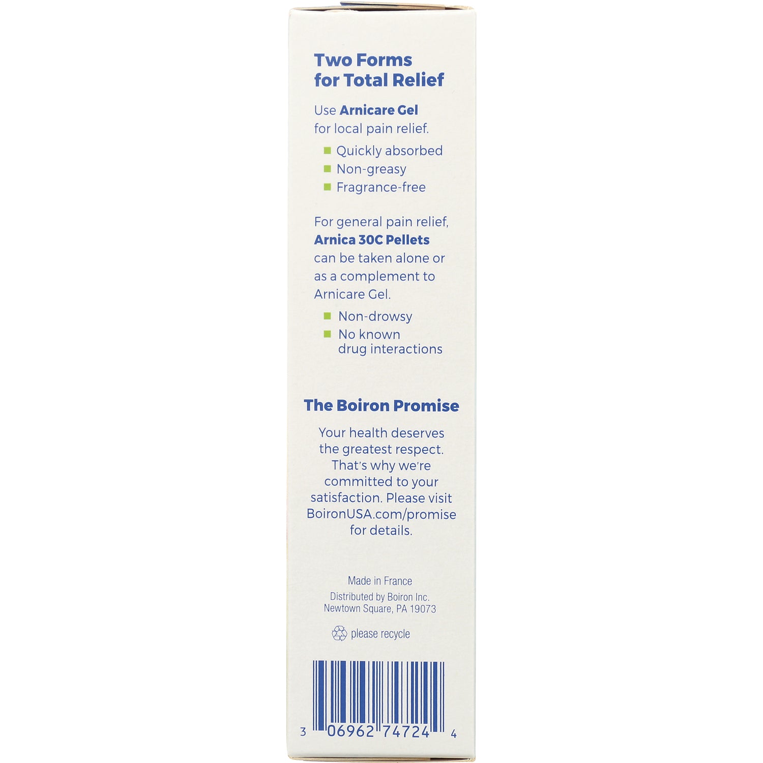 BRN006 | product side panel titled Two Forms for Total Relief listing Arnicare Gel and Arnica 30C Pellets benefits and the Boiron Promise