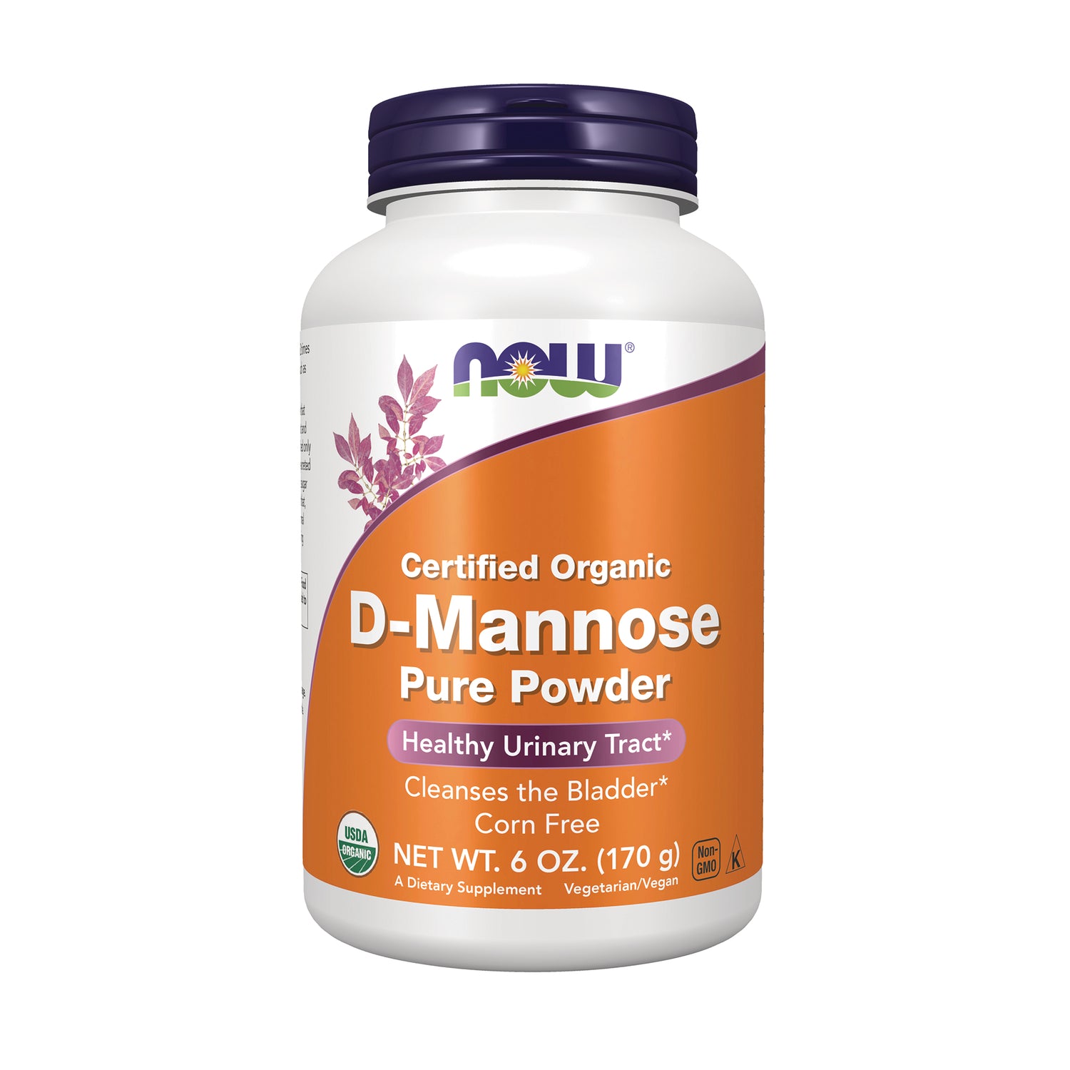 NWF1320 | NOW Certified Organic D-Mannose pure powder bottle with orange label, 6 oz