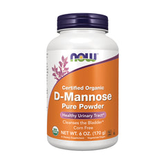 NWF1320 | NOW Certified Organic D-Mannose pure powder bottle with orange label, 6 oz