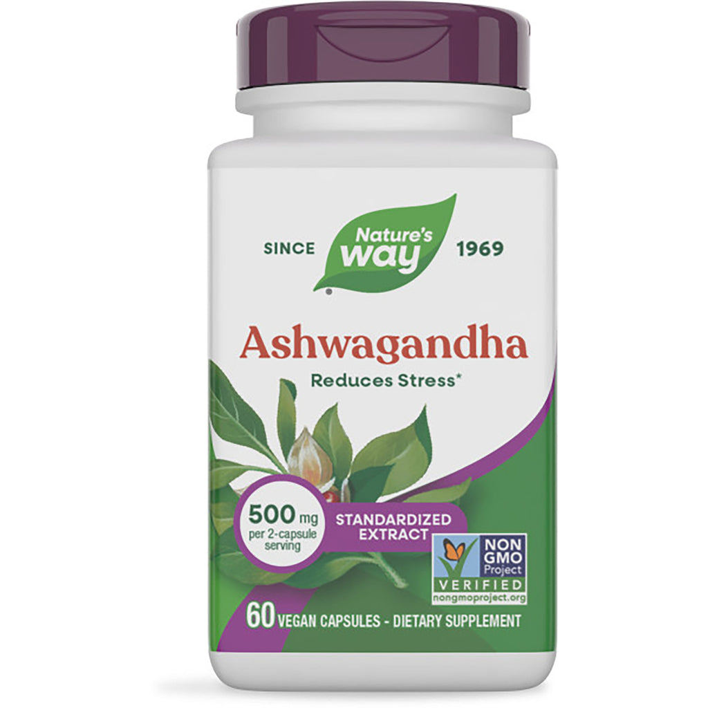 NW783 | Nature's Way Ashwagandha bottle labeled 60 vegan capsules, 500 mg per 2-capsule serving, Non-GMO, reduces stress - Thumbnail