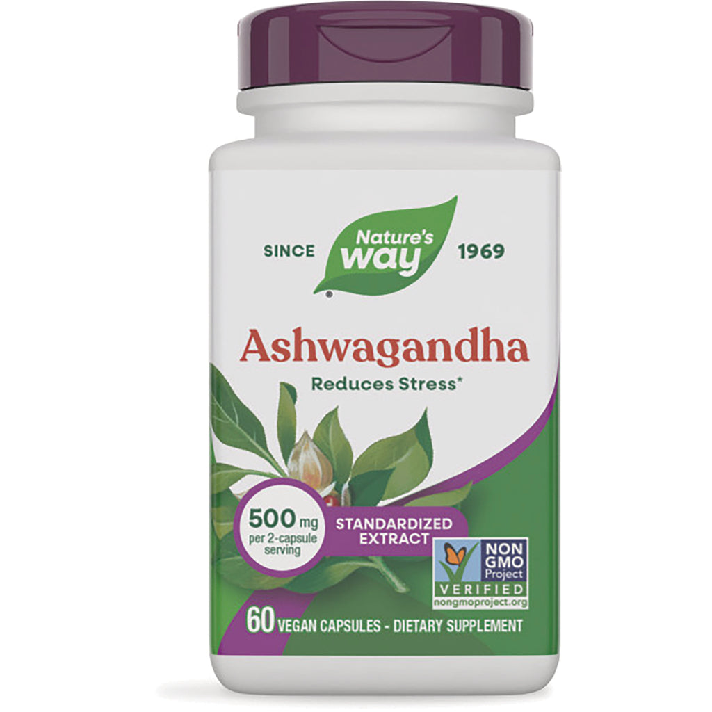 NW783 | Nature's Way Ashwagandha bottle labeled 60 vegan capsules, 500 mg per 2-capsule serving, Non-GMO, reduces stress - Thumbnail