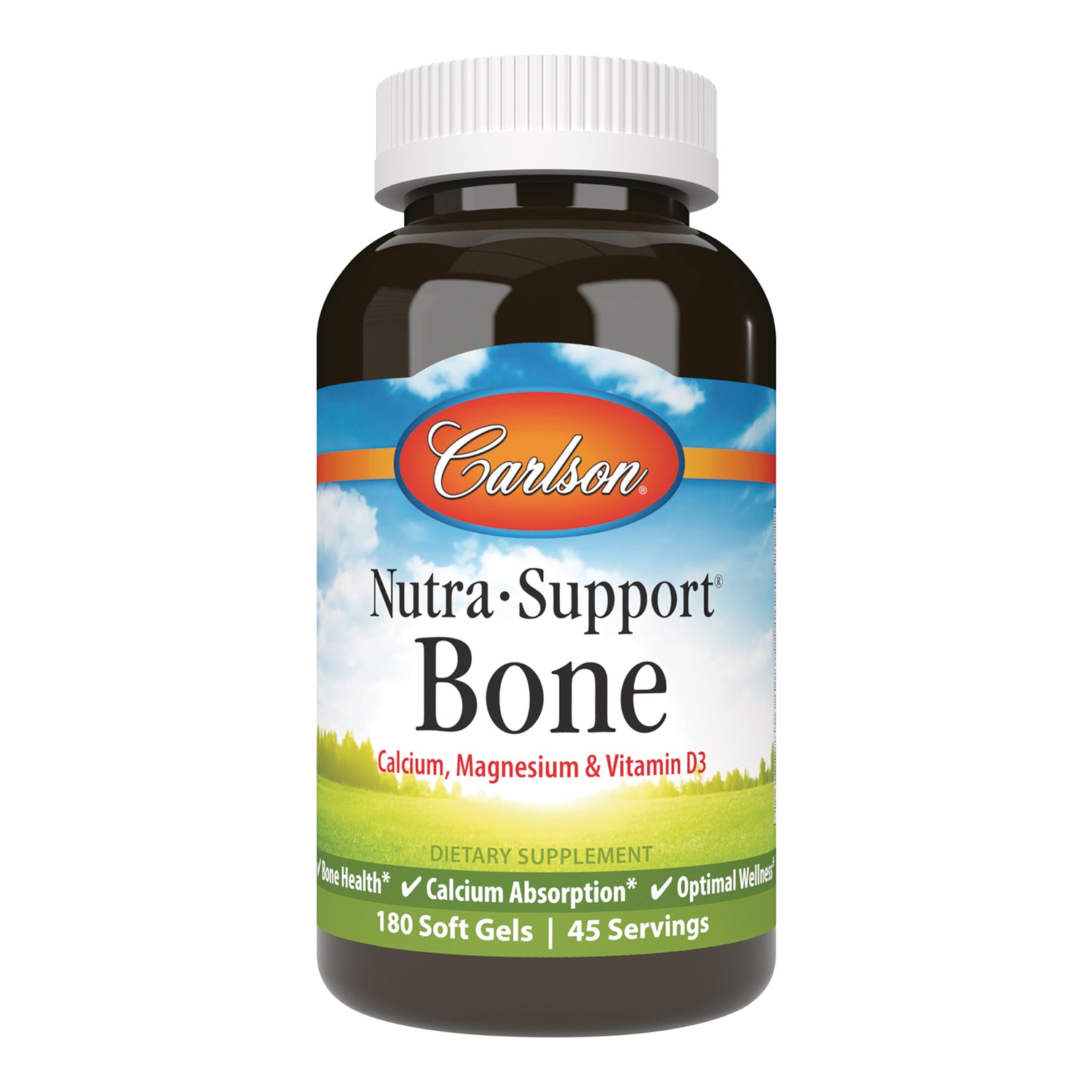 CSN337 | Carlson Nutra-Support Bone bottle with white cap, Calcium Magnesium & Vitamin D3 label, 180 soft gels
