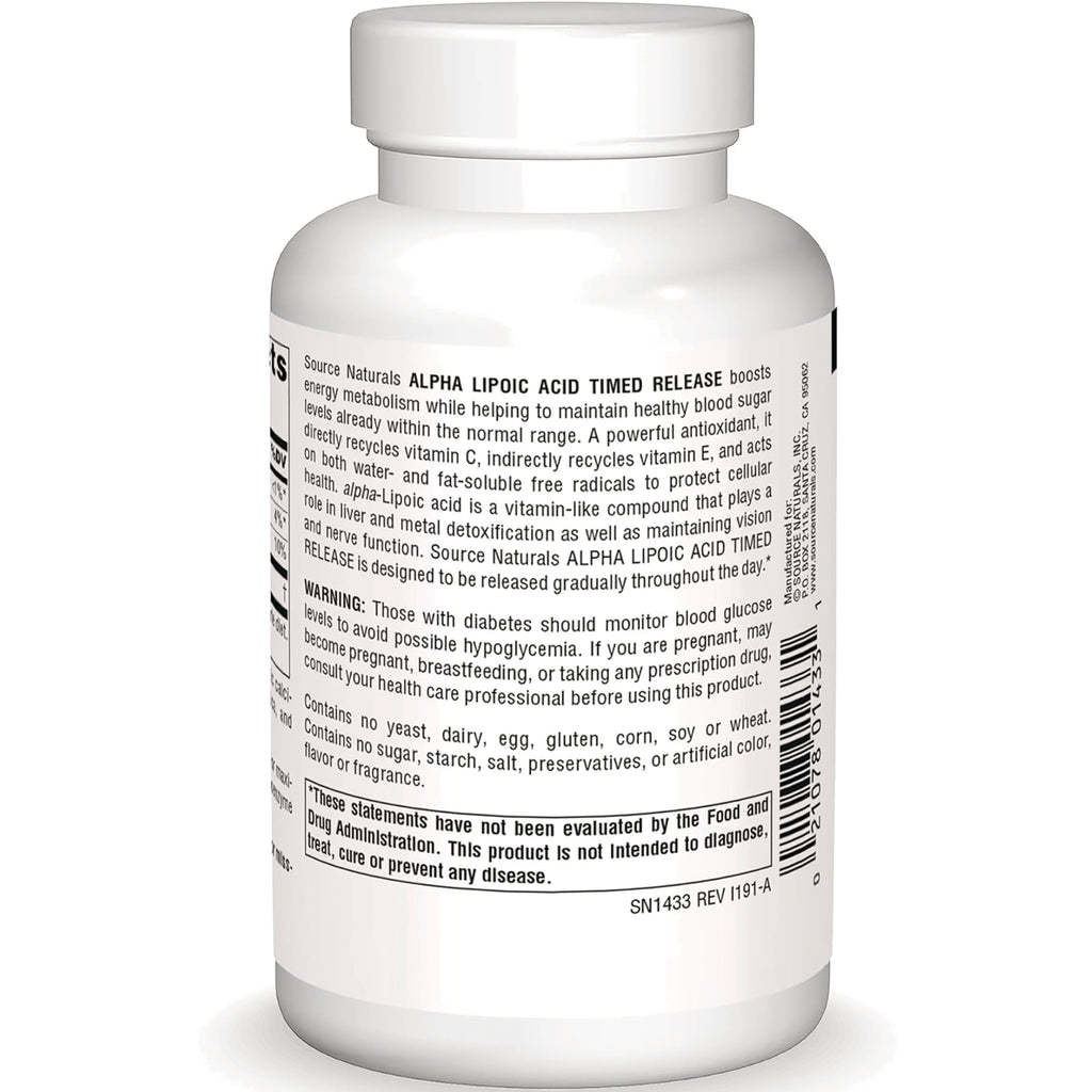SN436 | Source Naturals Alpha Lipoic Acid Timed Release supplement bottle, back label with warnings and info - Thumbnail