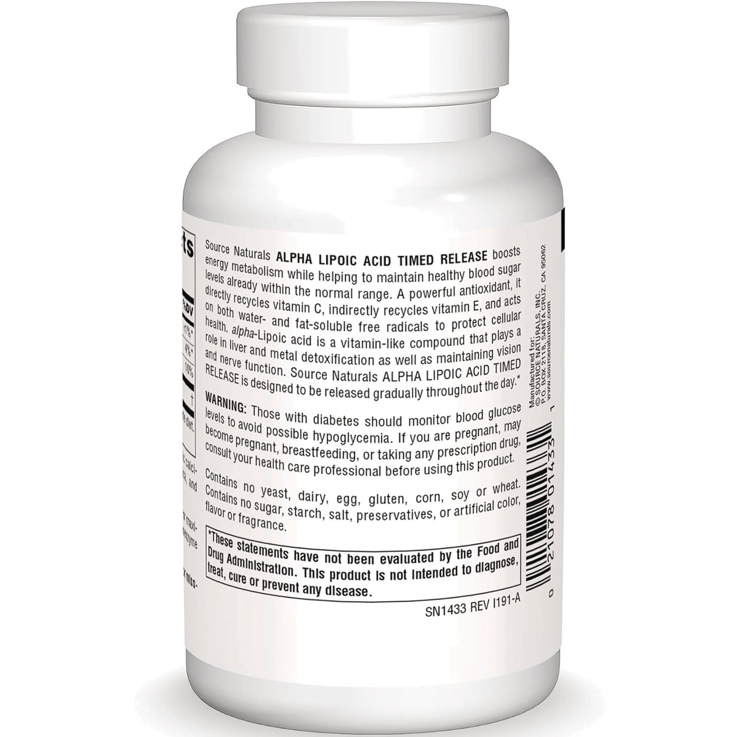 SN436 | Source Naturals Alpha Lipoic Acid Timed Release supplement bottle, back label with warnings and info