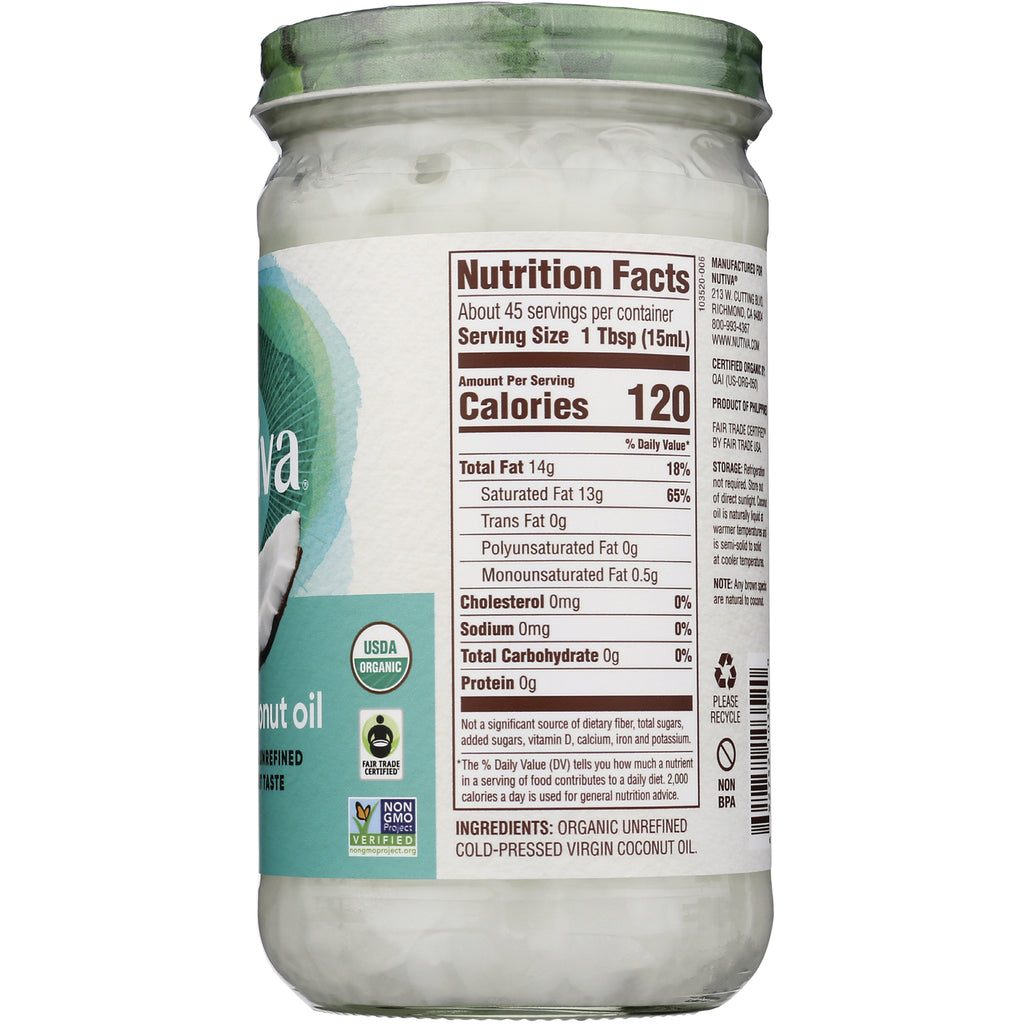 NTV042 | Back of jar showing Nutrition Facts label and ingredients for organic virgin coconut oil, 1 Tbsp serving, 120 calories - Thumbnail