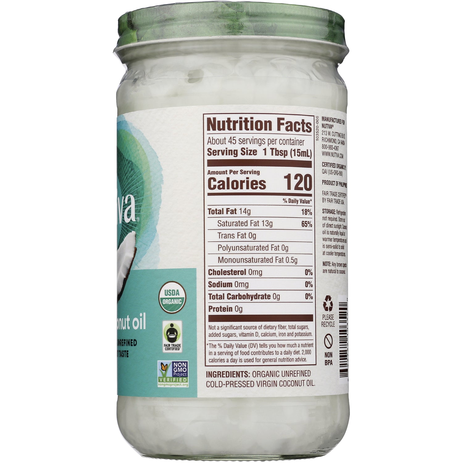 NTV042 | Back of jar showing Nutrition Facts label and ingredients for organic virgin coconut oil, 1 Tbsp serving, 120 calories