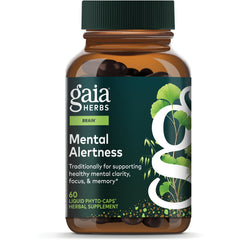 GH049 | Gaia Herbs Mental Alertness supplement bottle with green label showing 60 vegan liquid phyto-caps