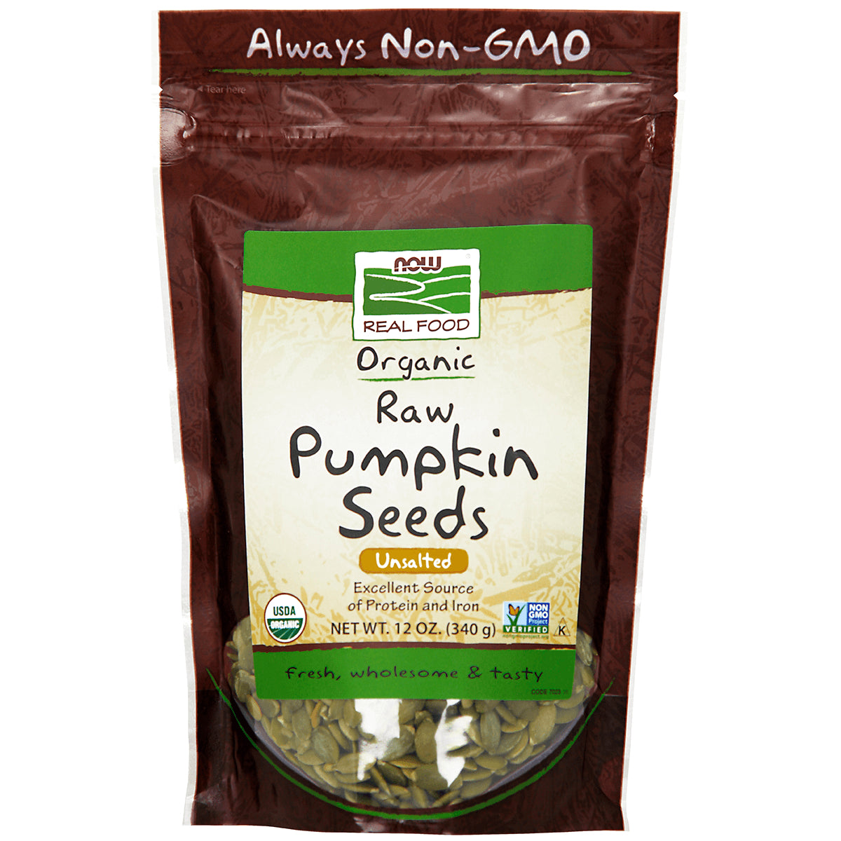 NWF1157 | NOW Real Food Organic Raw Pumpkin Seeds unsalted 12 oz pouch