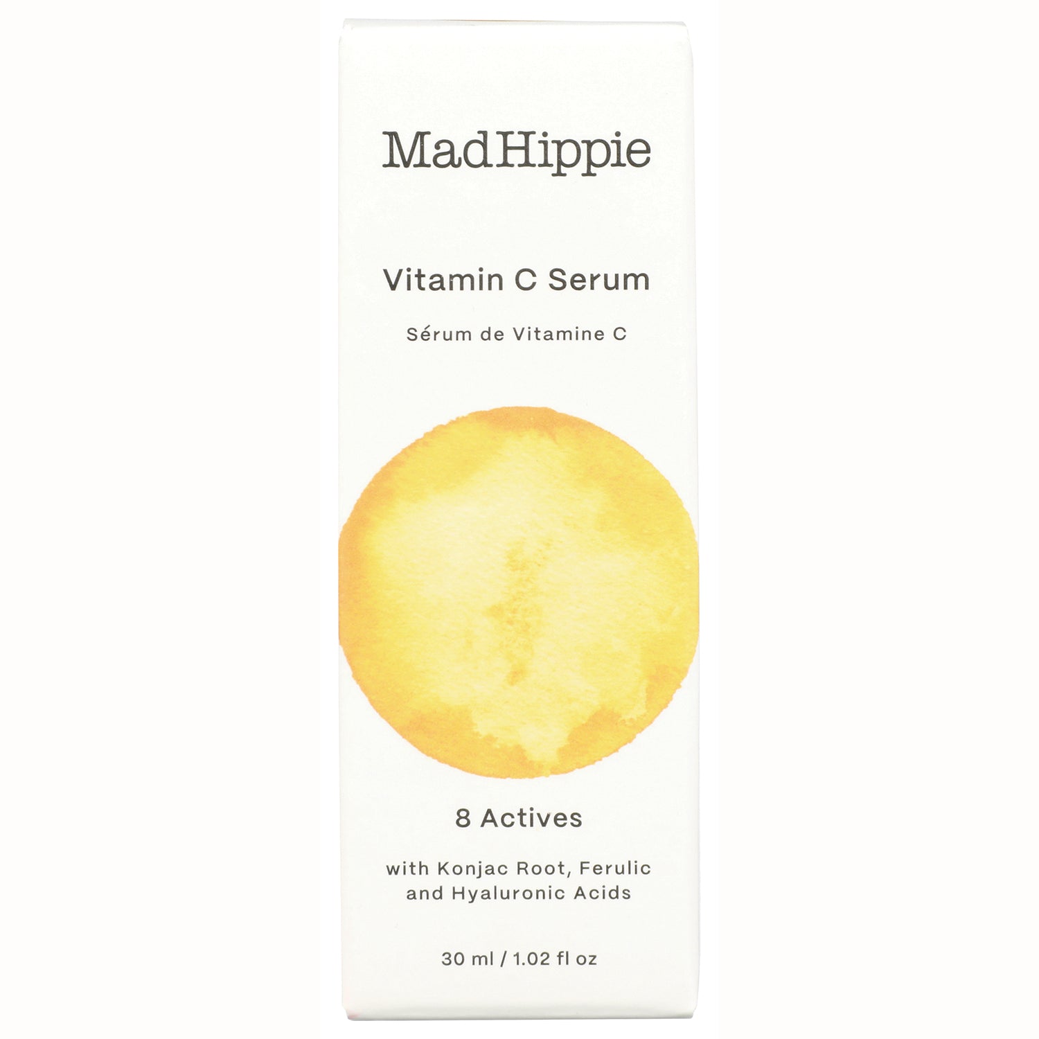 HIP005 | MadHippie Vitamin C Serum front box with yellow watercolor circle and 8 Actives text