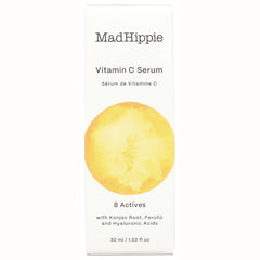 HIP005 | MadHippie Vitamin C Serum front box with yellow watercolor circle and 8 Actives text