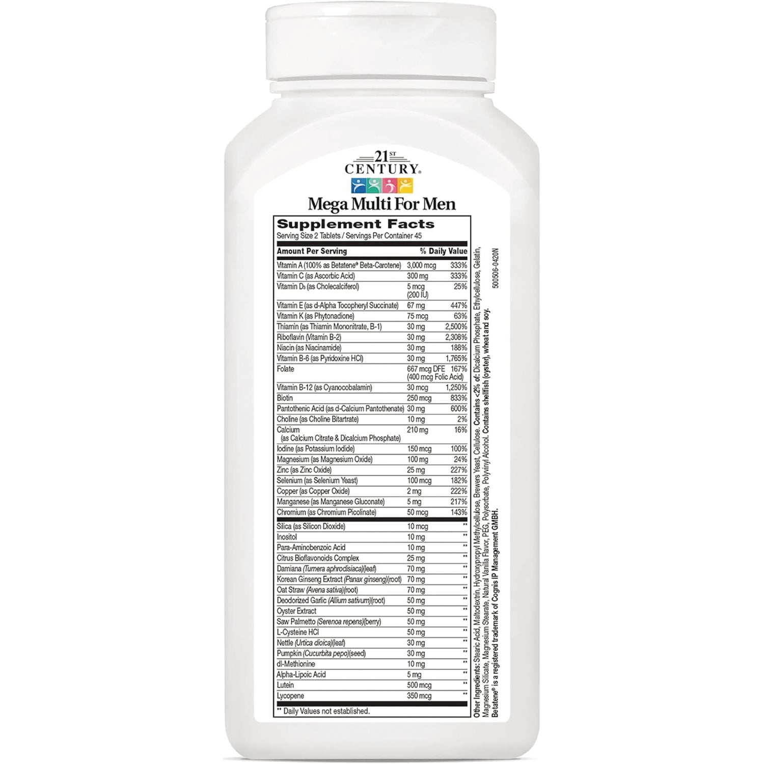 CNT100 | back label showing Supplement Facts for Mega Multi For Men bottle
