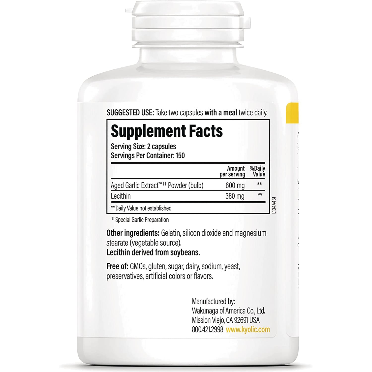 KY126 | back label showing Supplement Facts panel, serving size 2 capsules, ingredients and manufacturer contact