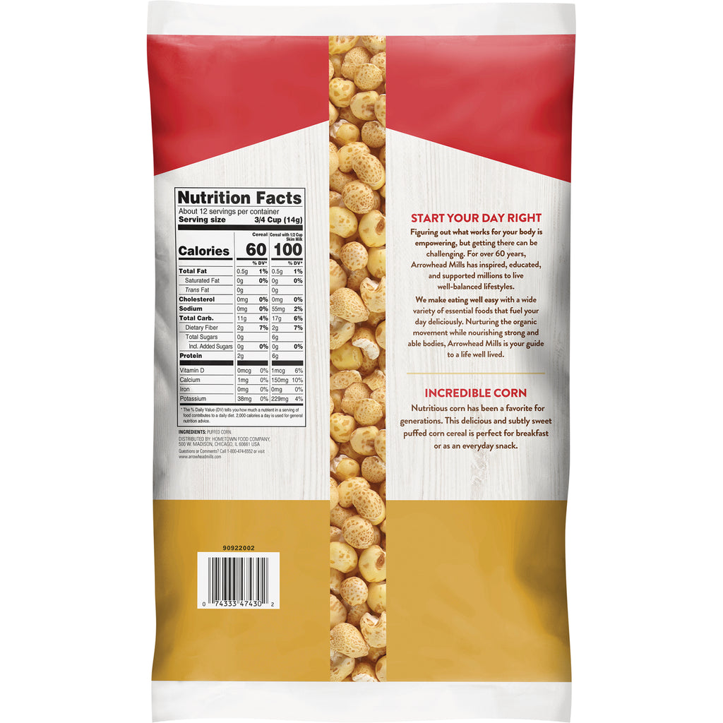 AHM018 | Back of cereal bag with Nutrition Facts panel, ingredient text, barcode, and product story - Thumbnail