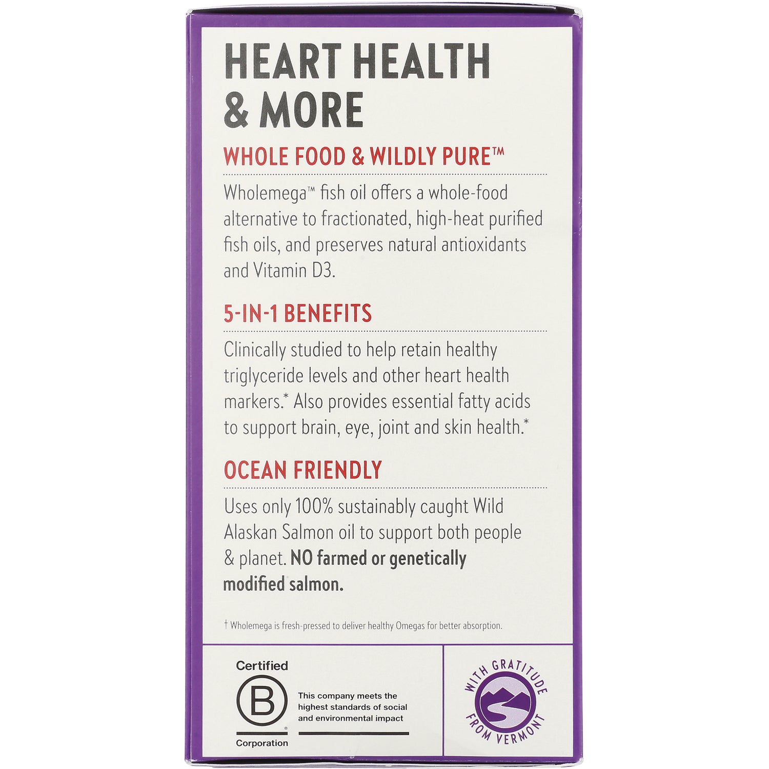 NWC209 | product infographic on box listing Heart Health & More, 5-in-1 benefits, ocean friendly claim and certified B logo