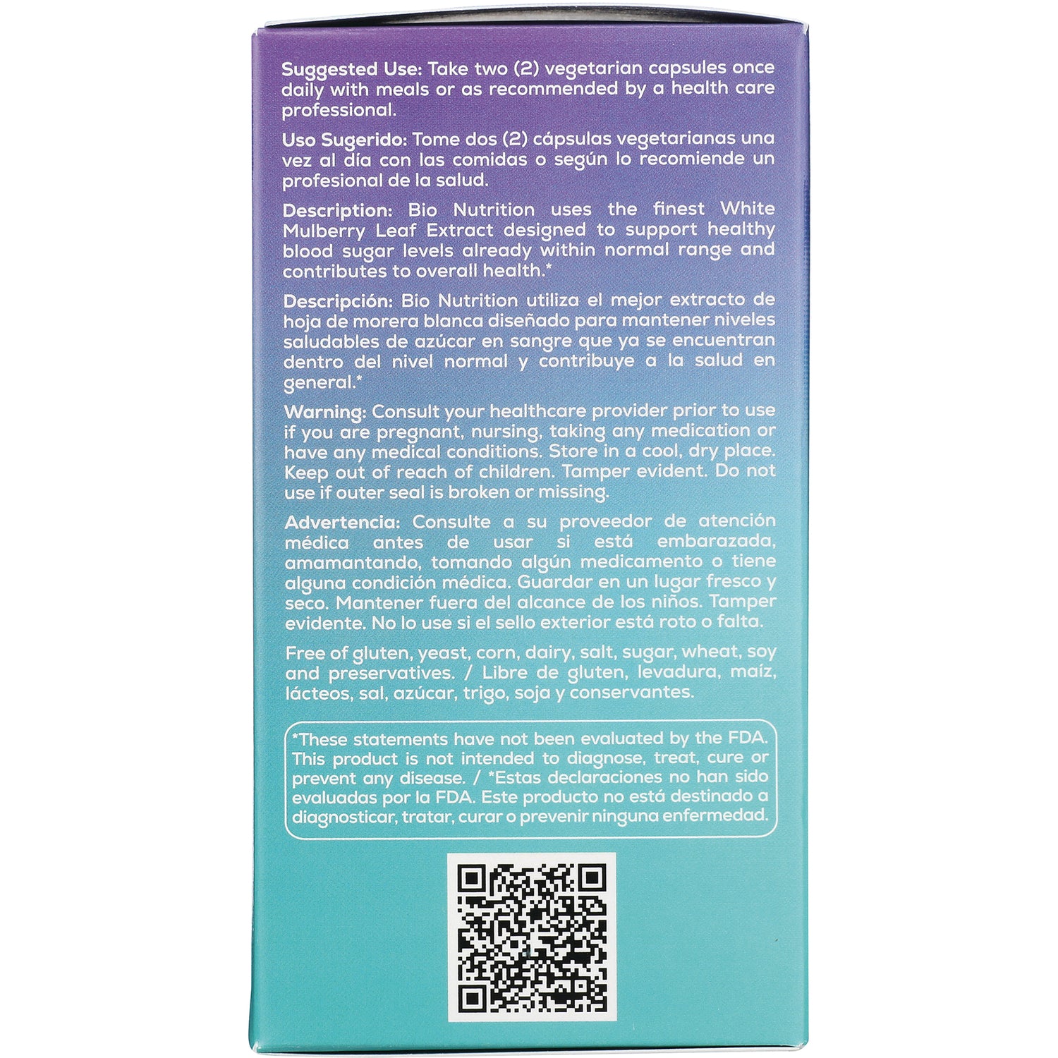 BNN036 | Back panel of supplement box showing suggested use, warnings, ingredients text and a QR code