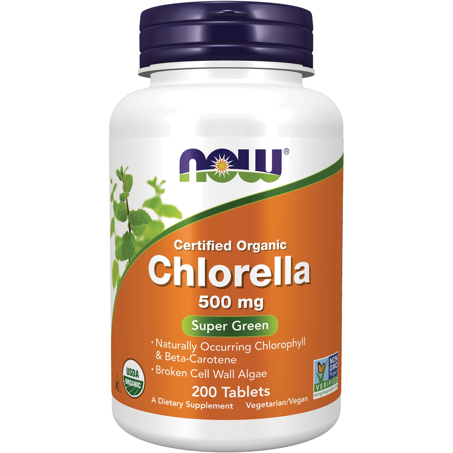 NWF663 | NOW Certified Organic Chlorella 500 mg bottle, 200 tablets, orange label