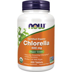 NWF663 | NOW Certified Organic Chlorella 500 mg bottle, 200 tablets, orange label