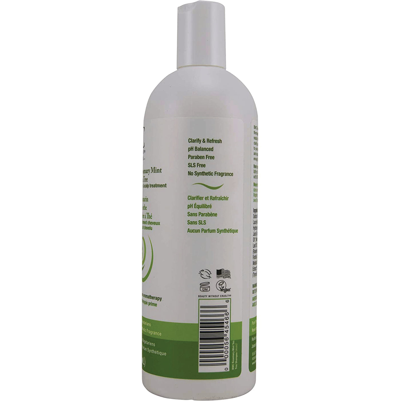BWC100 | Back label of white shampoo bottle showing ingredients, claims and barcode