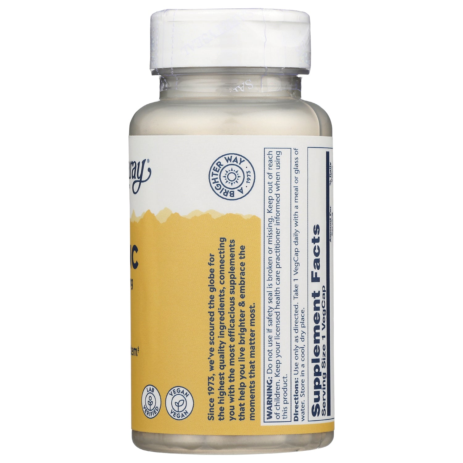 SLR234 | Back of white and yellow supplement bottle showing Supplement Facts panel, warning and ingredient text