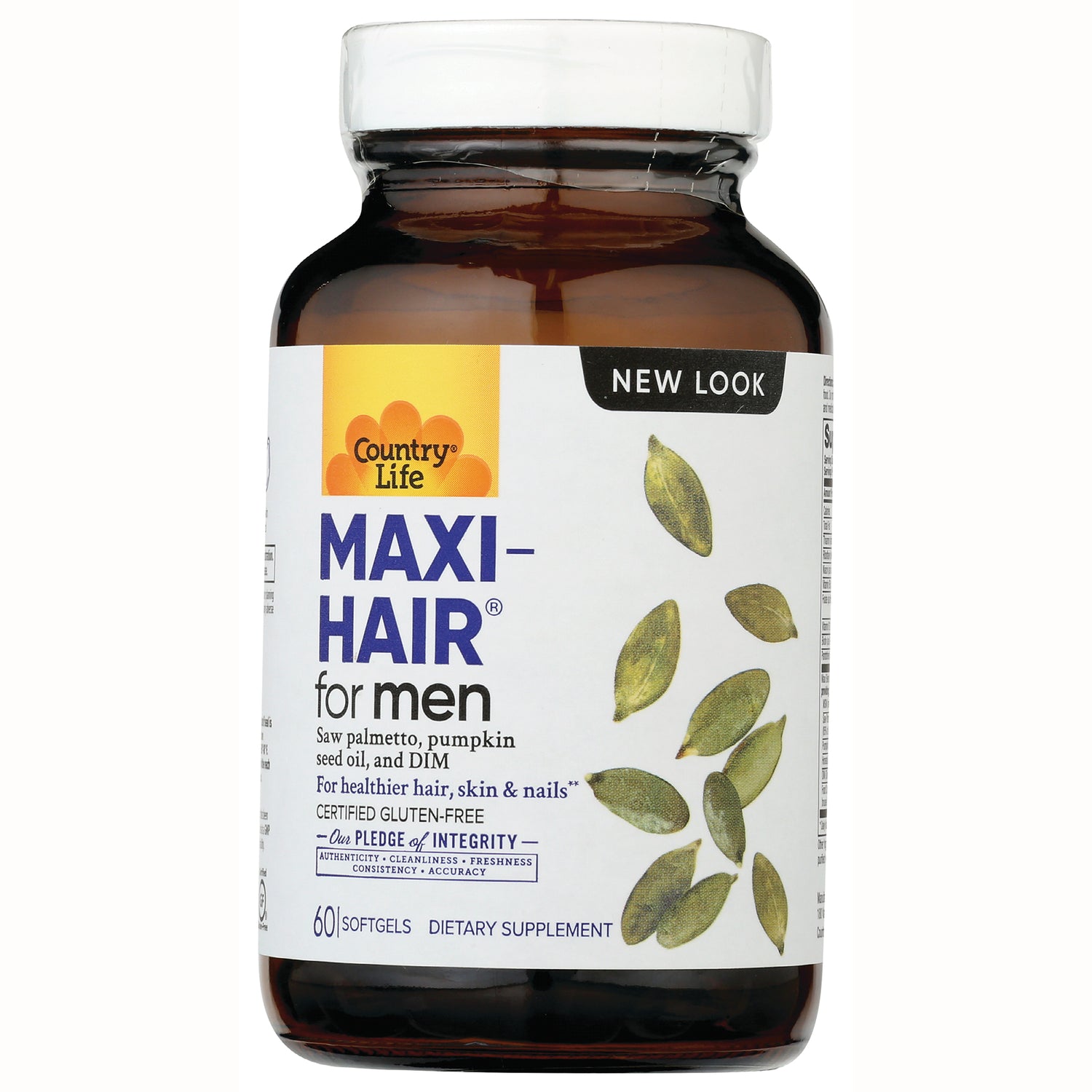 CRL587 | Amber bottle of Country Life MAXI-HAIR for men dietary supplement label showing 60 softgels