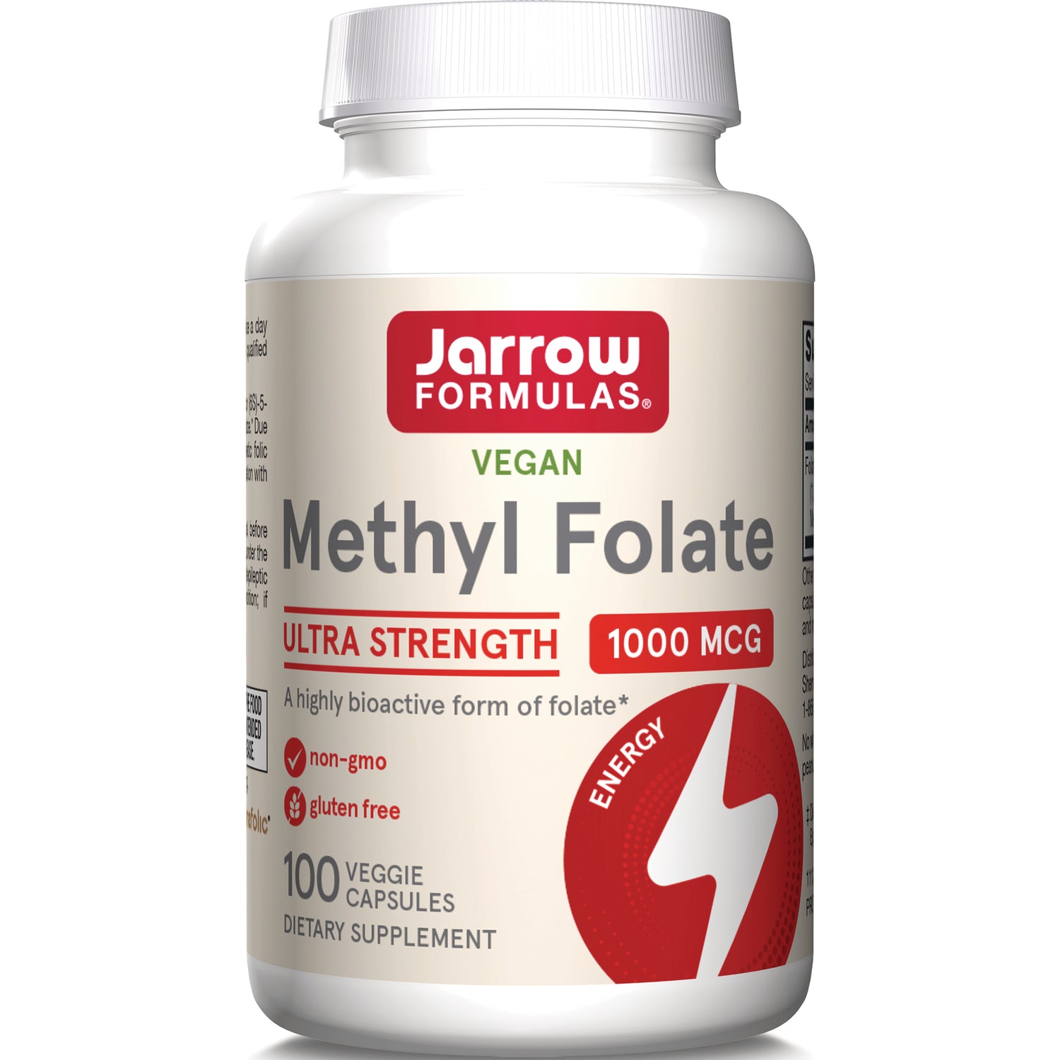 Jarrow FORMULAS Vegan Methyl Folate 1000 MCG bottle front label showing Ultra Strength and 100 veggie capsules