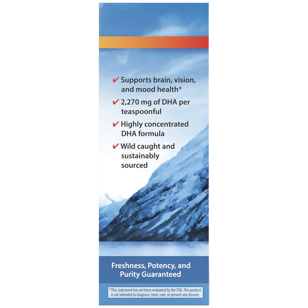 CSN263 | back panel listing DHA benefits, concentration, and sustainable sourcing with mountain artwork