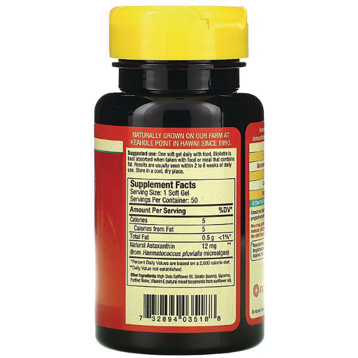 NUT022 | Back label showing Supplement Facts panel and barcode on red bottle with yellow cap