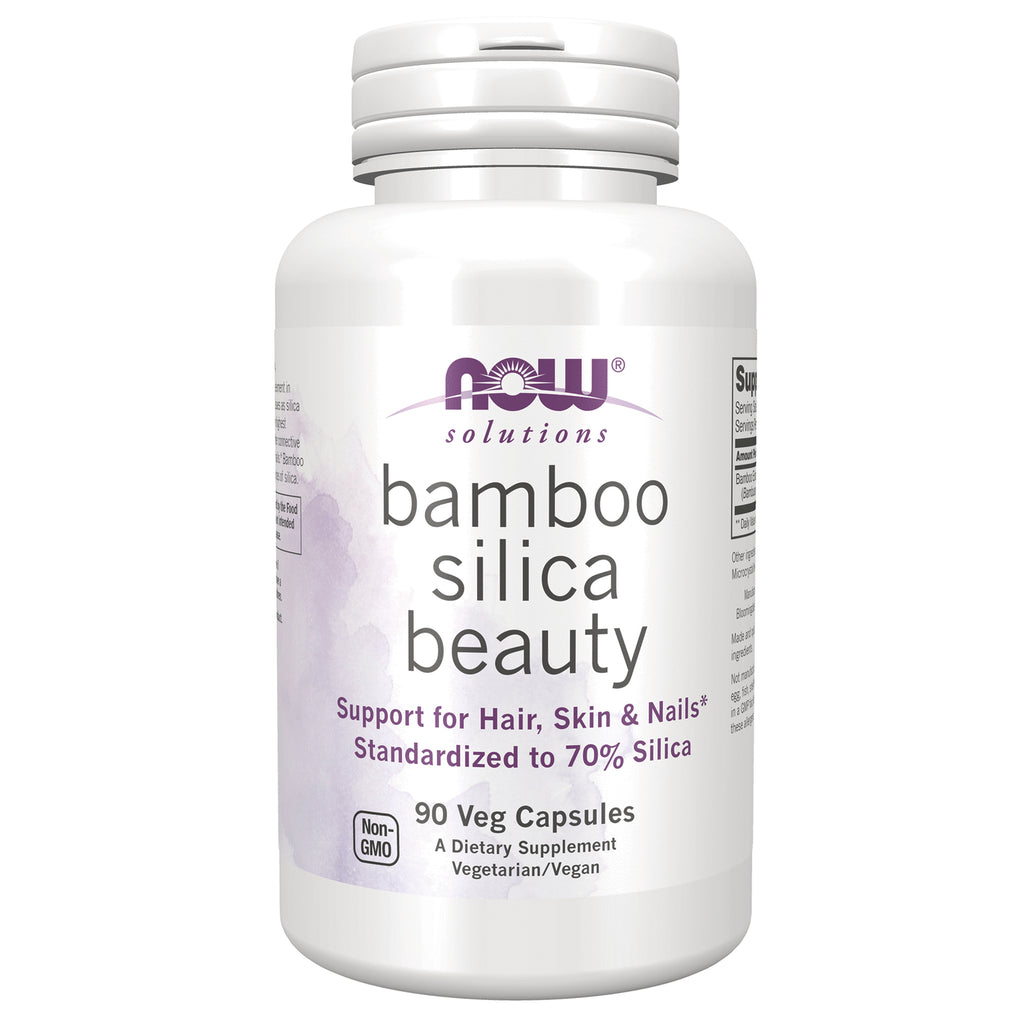 NWF1400 | NOW Solutions bamboo silica beauty supplement bottle front label showing 90 Veg Capsules and Non-GMO - Thumbnail