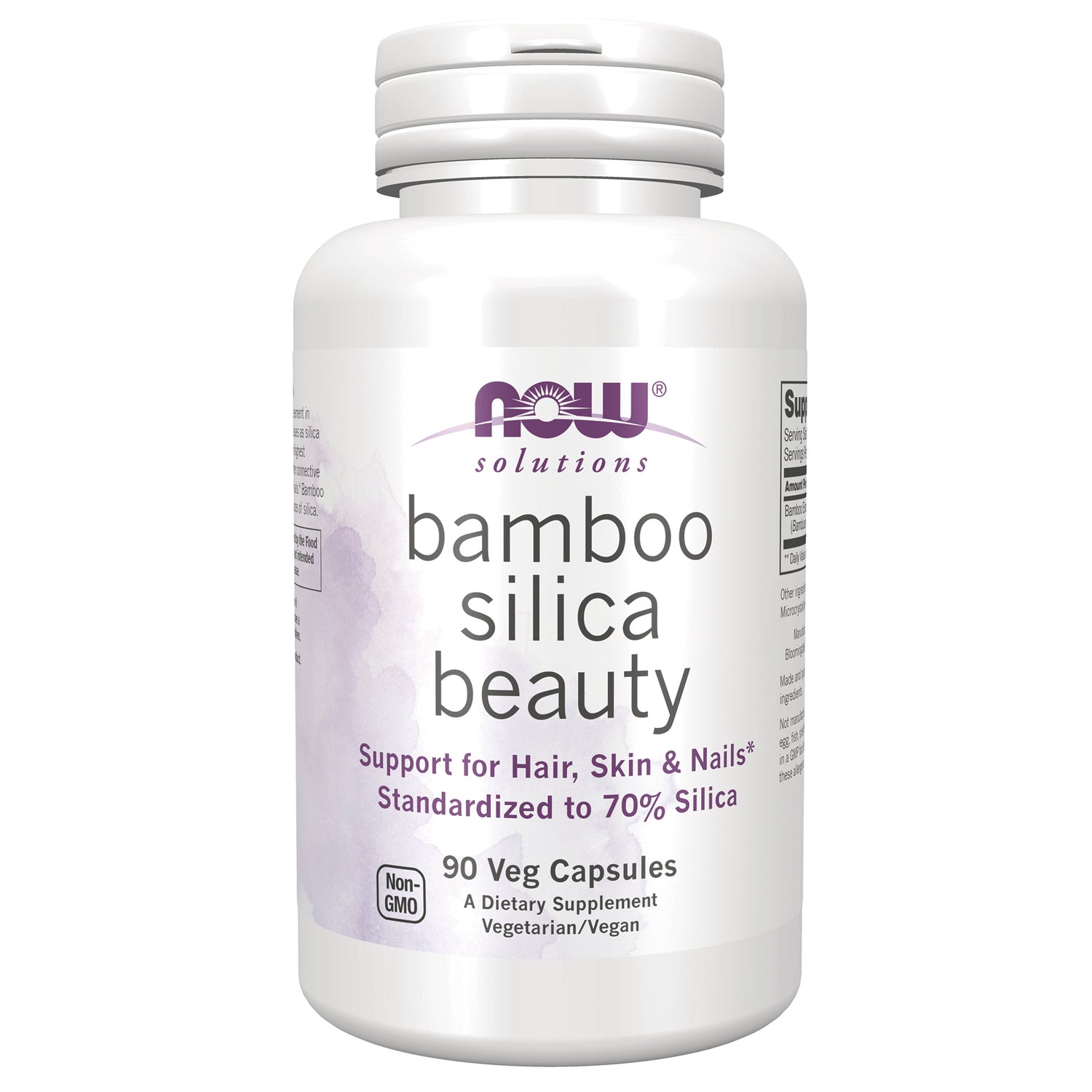 NWF1400 | NOW Solutions bamboo silica beauty supplement bottle front label showing 90 Veg Capsules and Non-GMO