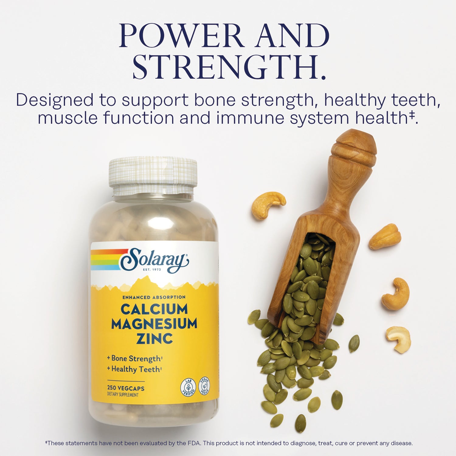 SLR289 | Power and StrengthSolaray Calcium Magnesium Zinc vegcaps with pumpkin seeds and cashews