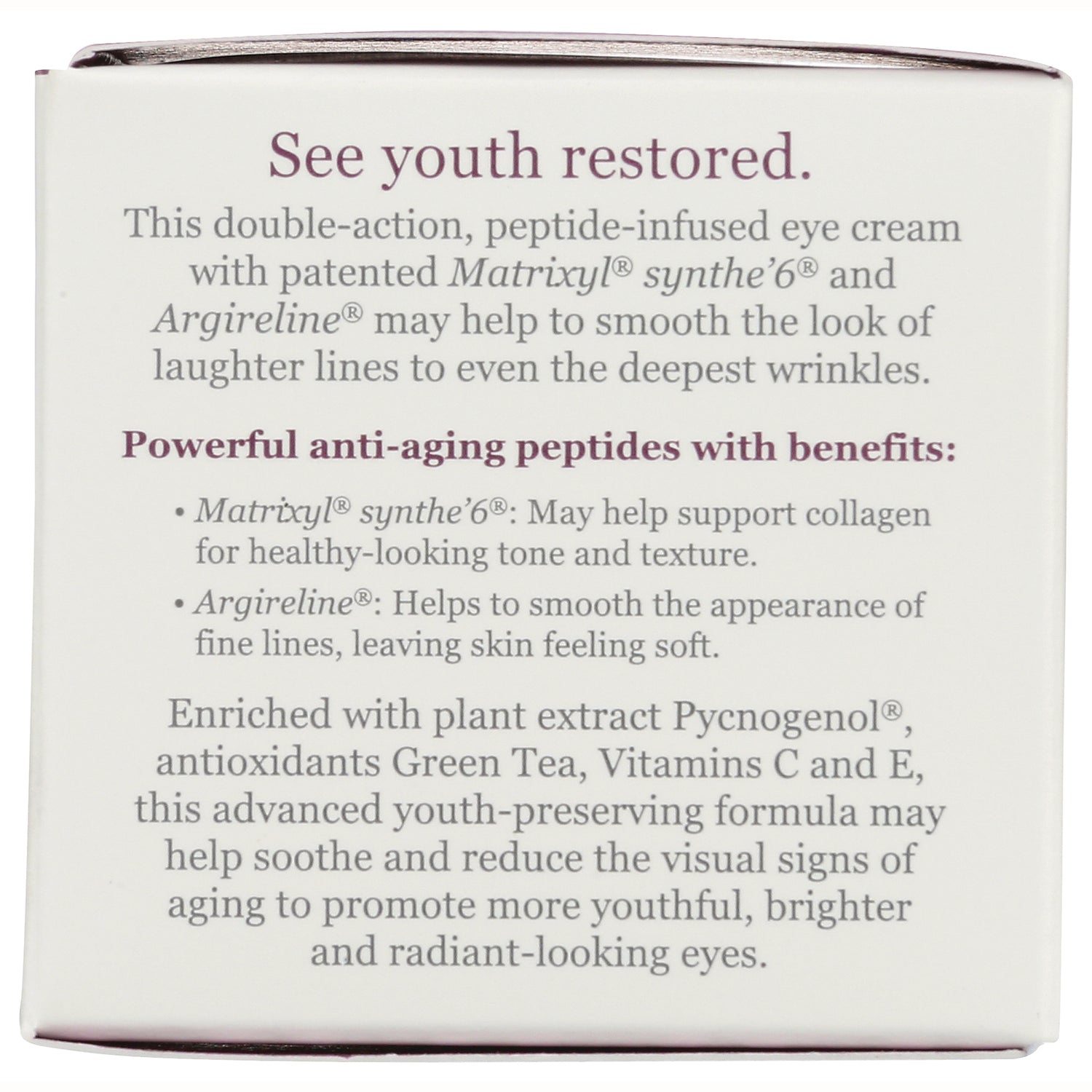 DE082 | back panel reading See youth restored and listing peptides Matrixyl synthe6 and Argireline with benefits and antioxidants