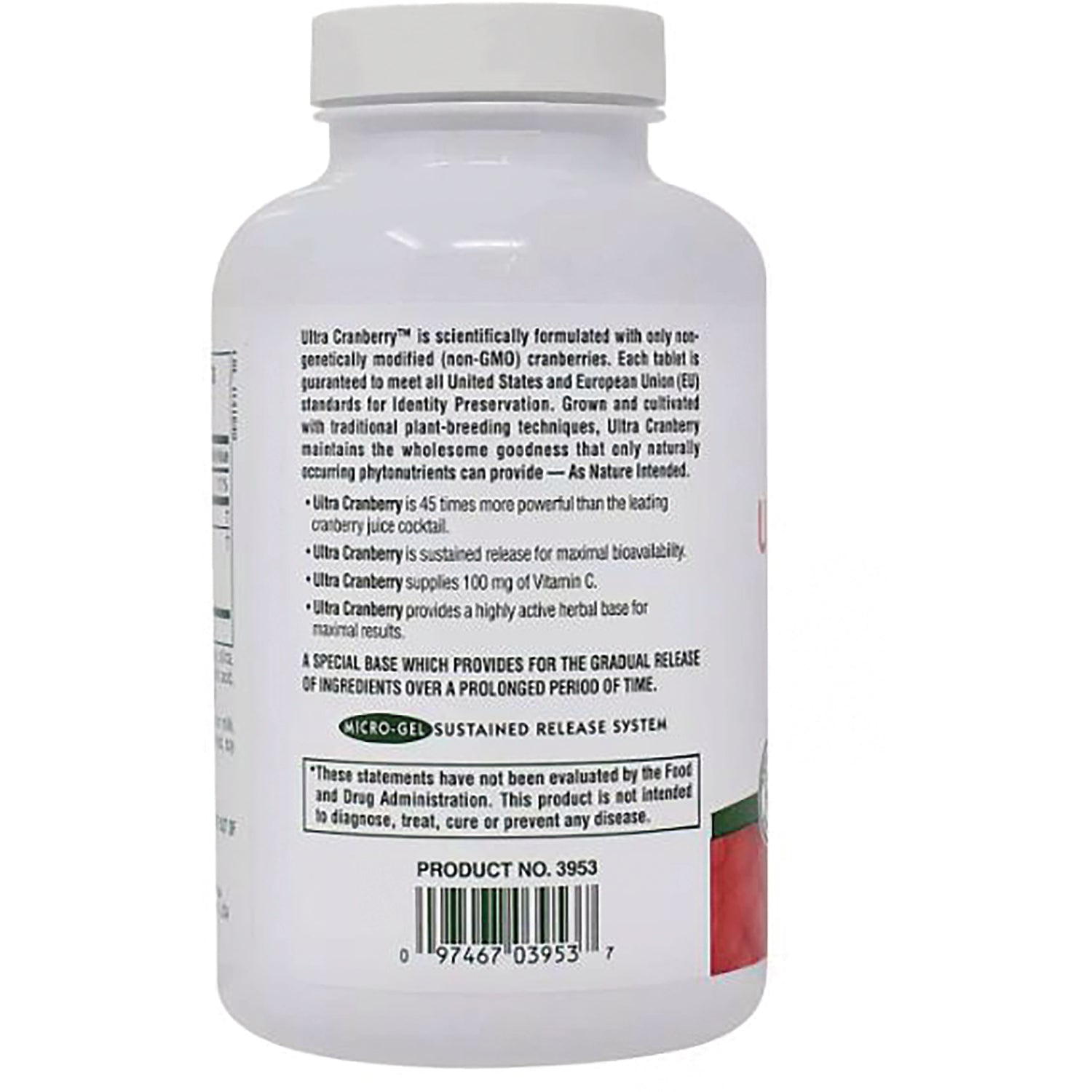 NTP037 | White supplement bottle back label showing ingredient text, barcode and PRODUCT NO. 3953