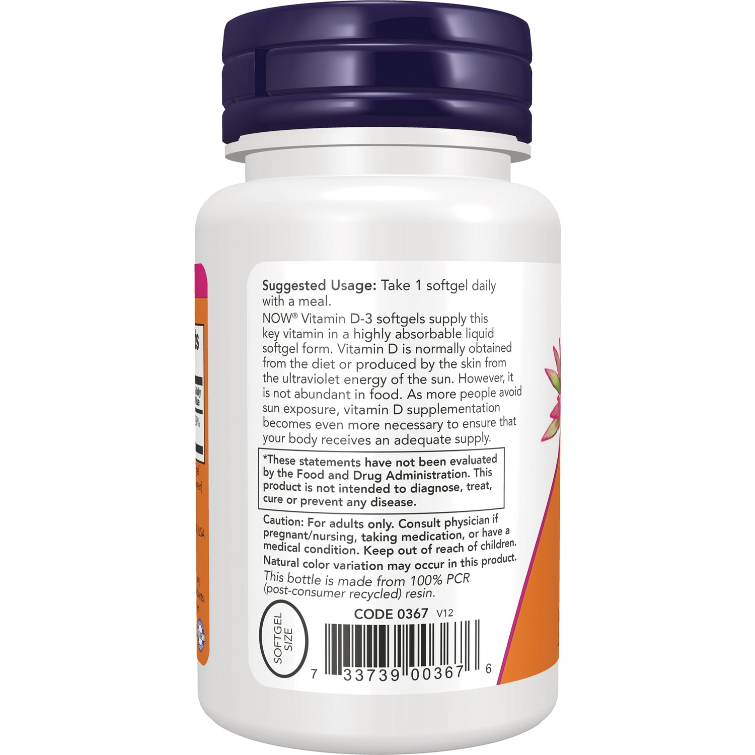 NWF158 | Back label of white supplement bottle showing suggested usage text, caution box and barcode