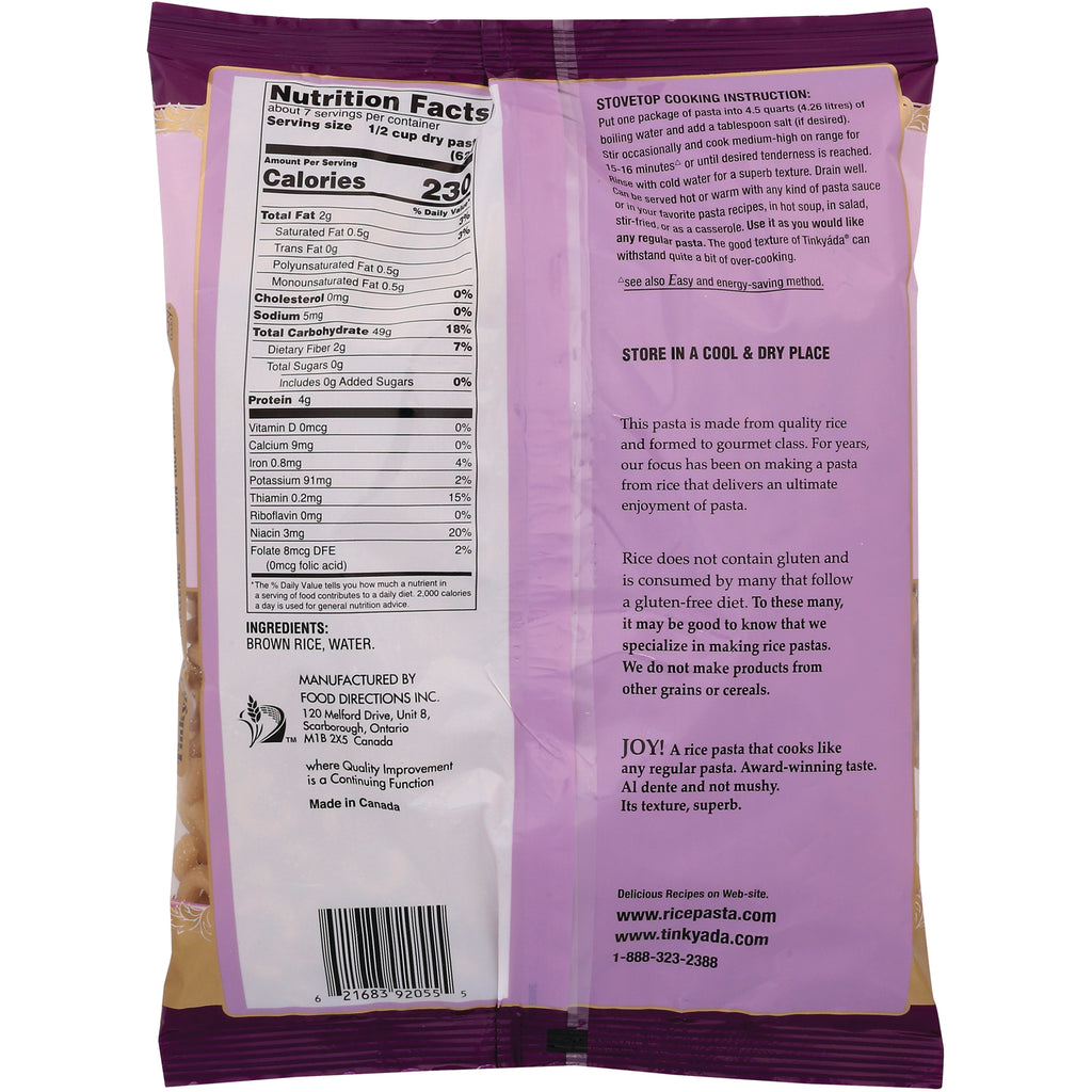 TKY004 | Back of brown rice pasta bag showing Nutrition Facts, ingredients (brown rice, water), and stovetop cooking instructions - Thumbnail