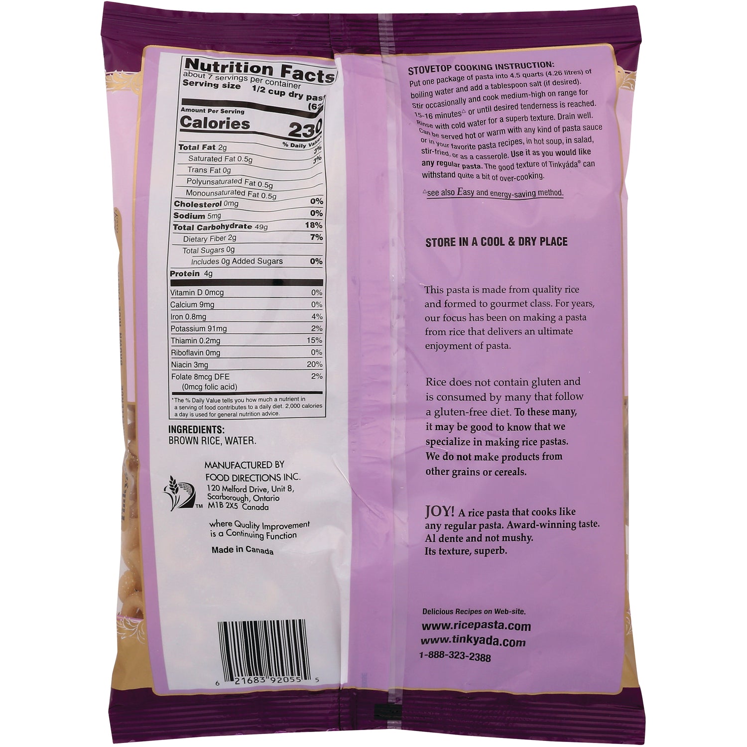 TKY004 | Back of brown rice pasta bag showing Nutrition Facts, ingredients (brown rice, water), and stovetop cooking instructions
