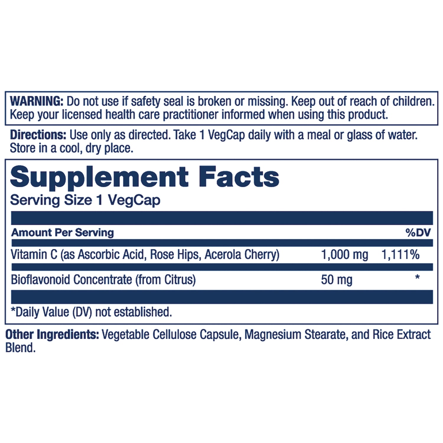 SLR420 | Supplement Facts back label showing Serving Size 1 VegCap, Vitamin C 1,000 mg, Bioflavonoid Concentrate 50 mg, other ingredients