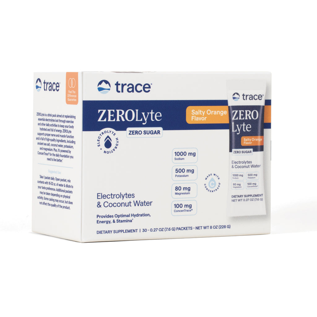 TM149 | Trace ZEROlyte Salty Orange Flavor, zero sugar electrolyte drink mix with coconut water, box front - Thumbnail
