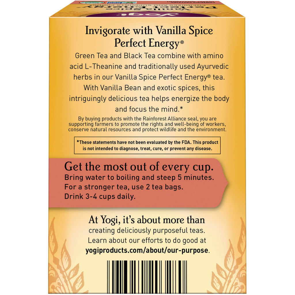 AHW053 | Back panel of Yogi Vanilla Spice tea box with description, brewing instructions 'Get the most out of every cup', and barcode - Thumbnail