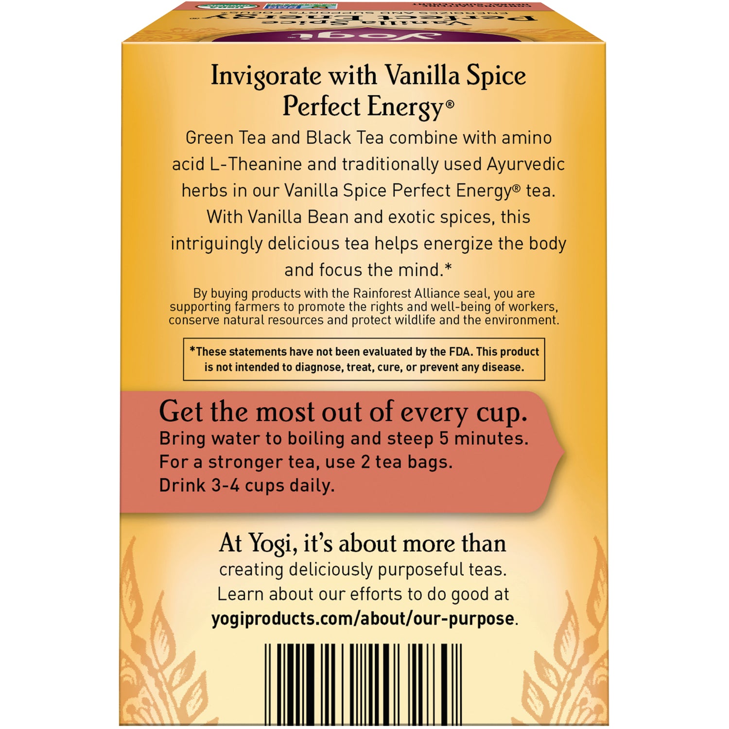 AHW053 | Back panel of Yogi Vanilla Spice tea box with description, brewing instructions 'Get the most out of every cup', and barcode