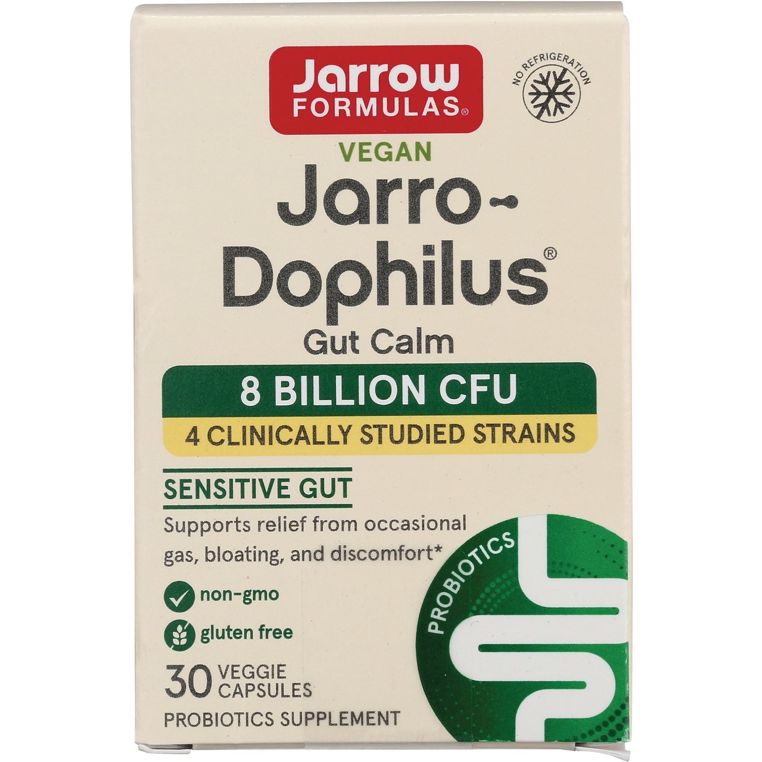 JR354 | Jarrow Formulas Jarro-Dophilus Gut Calm probiotic box 8 billion CFU vegan sensitive gut 30 veggie capsules