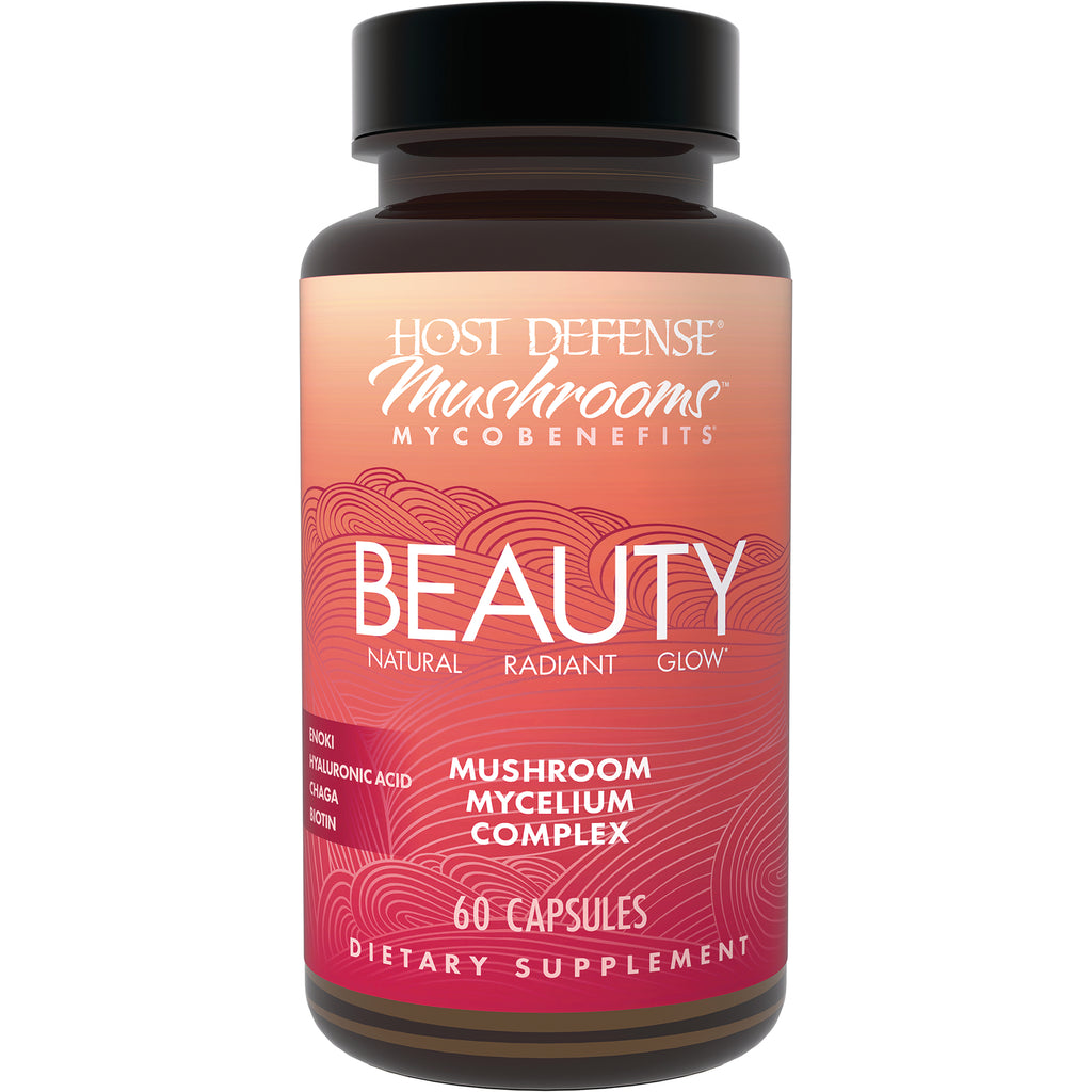 FUN055 | Front view of Beauty mushroom mycelium complex dietary supplement bottle labeled 60 capsules - Thumbnail