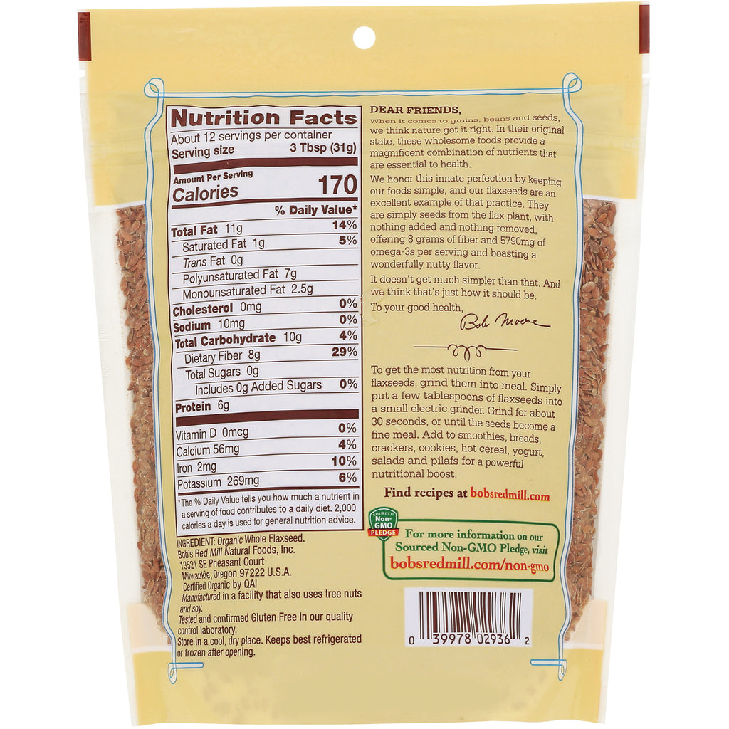 BOB266 | Nutrition facts, ingredients and company information on back of yellow resealable bag of flaxseed - Thumbnail