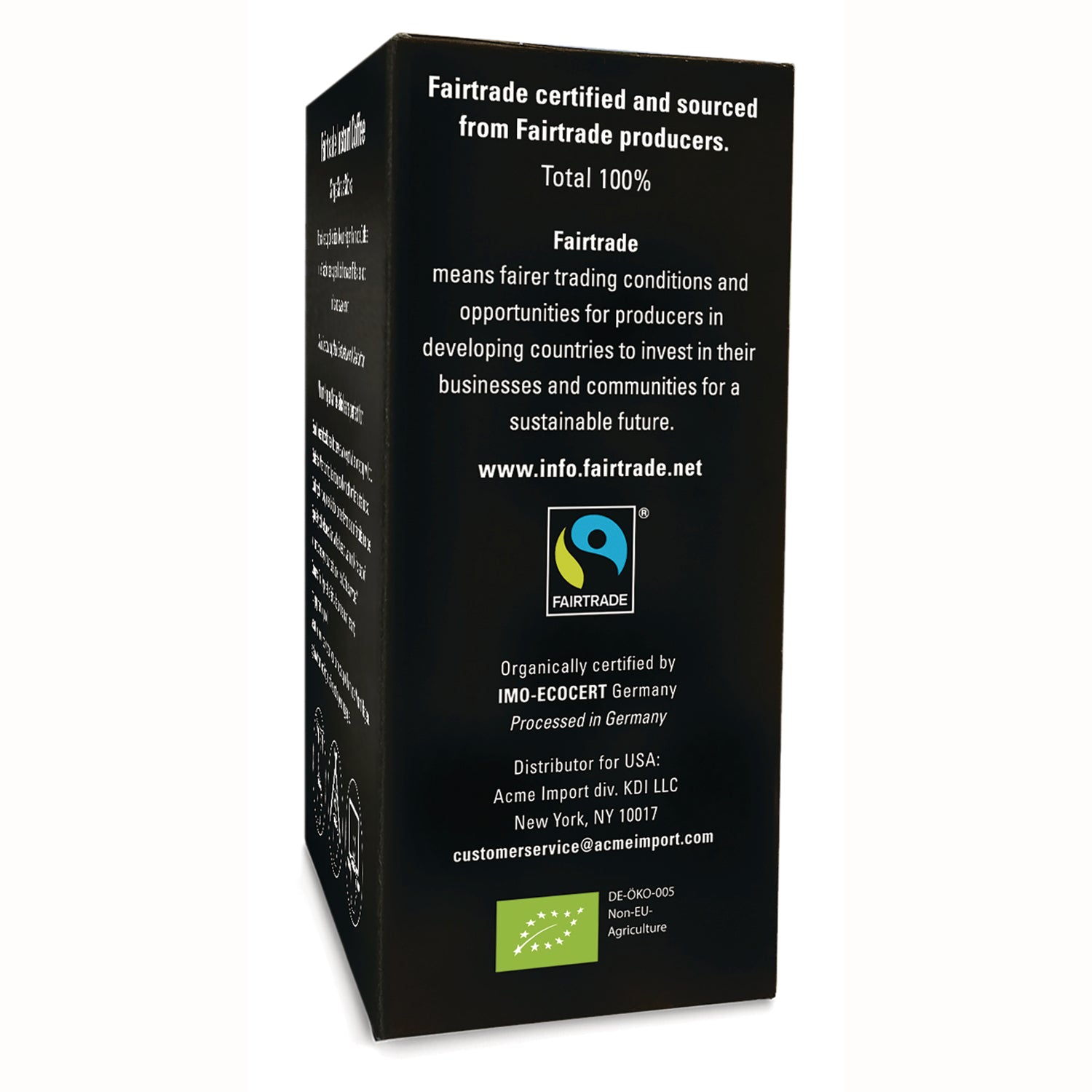 MTH006 | Back panel infographic showing Fairtrade certification, IMO-ECOCERT organic seal and distributor contact details